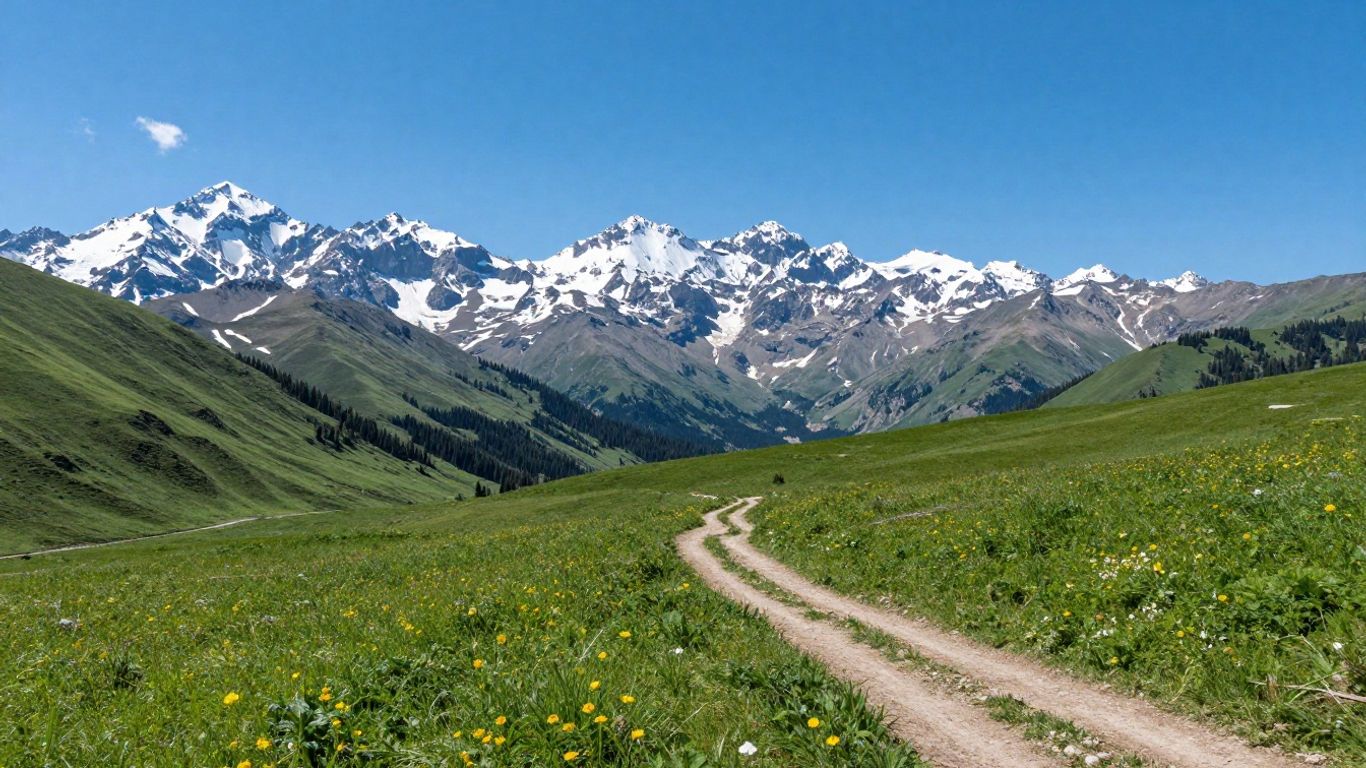 Bergpanorama mit Blumenwiesen und Wanderweg in Pany