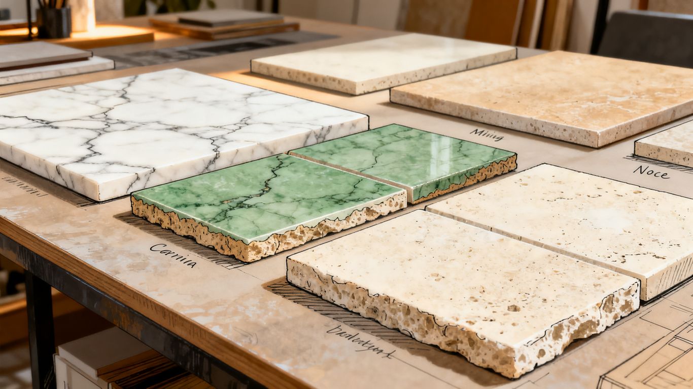 Marble and travertine tile samples arranged by color
