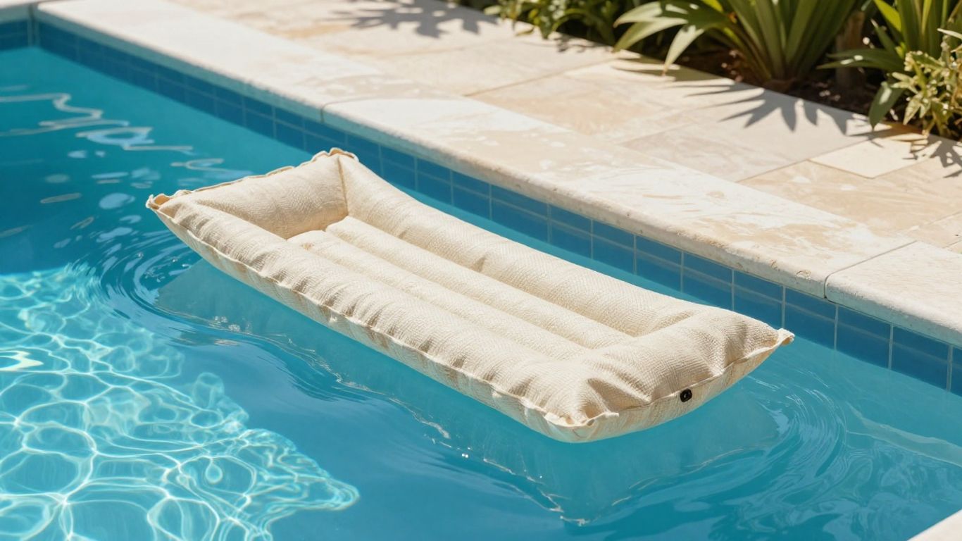 Olefin fabric float resting beside a blue pool