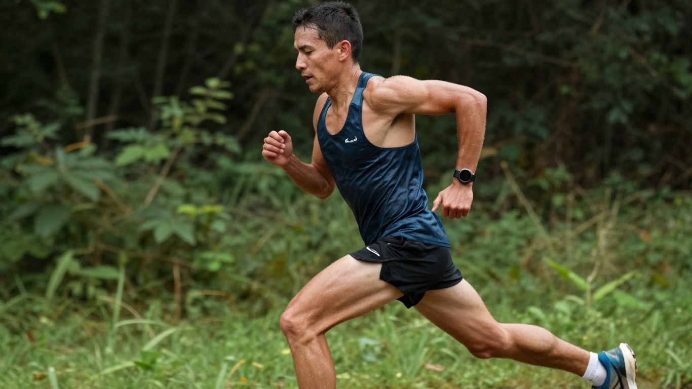 Runner maintaining good form while fatigued on a trail.