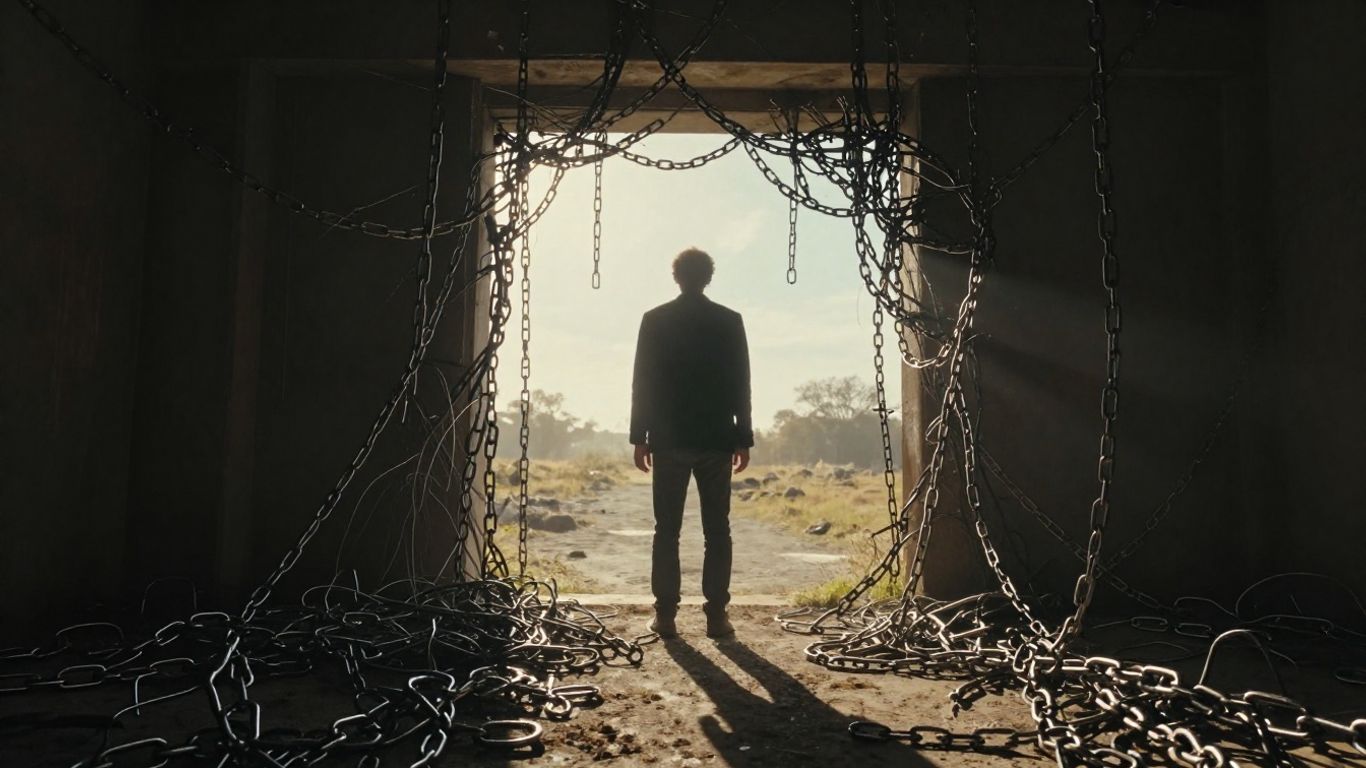 Person breaking chains, moving towards a brighter future.