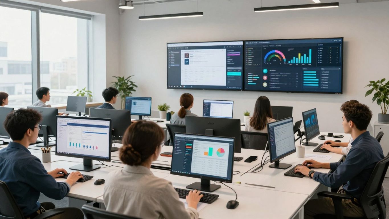 Unified digital workplace with employees using integrated technology.