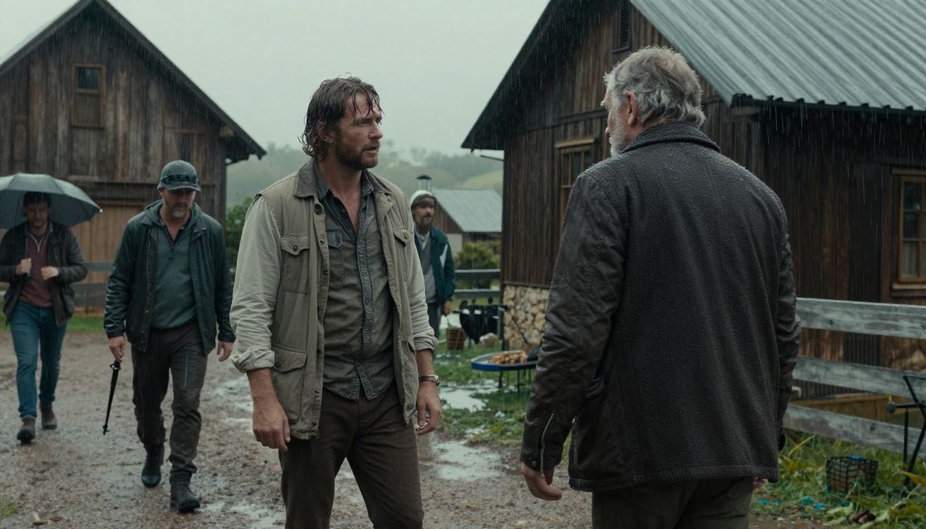 Leon Kennedy enfrentando aldeões em uma vila espanhola sob chuva pesada, estilo cinematográfico e tático