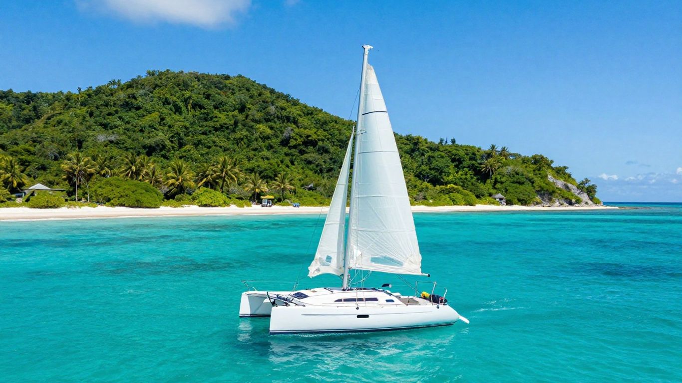 Sailboat on turquoise water in the British Virgin Islands.