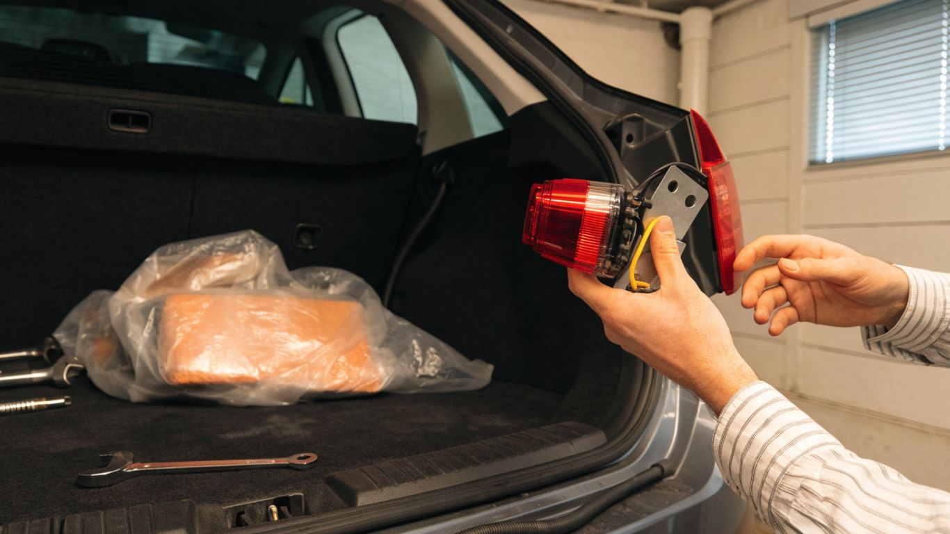 Replacement rear lamp assembly beside vehicle