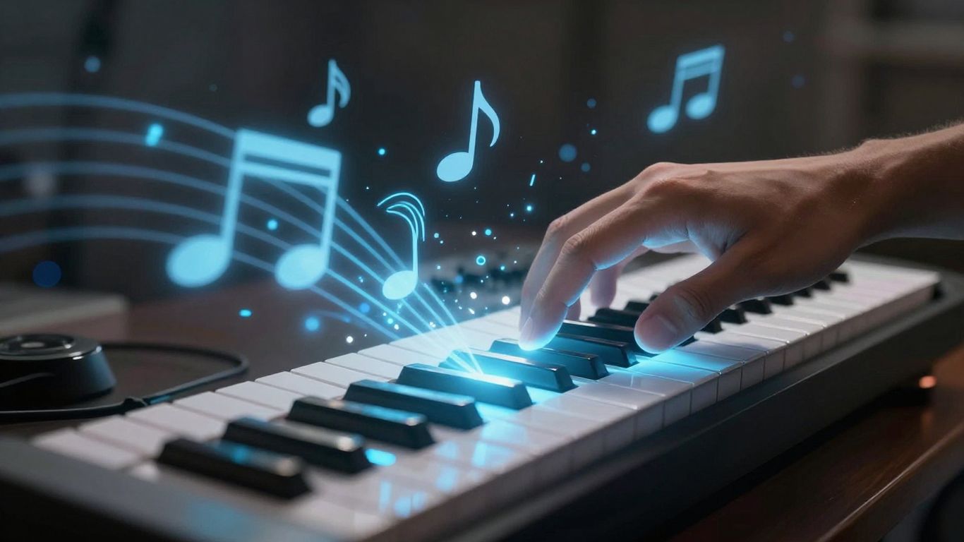 Musician using AI for songwriting on a futuristic keyboard.