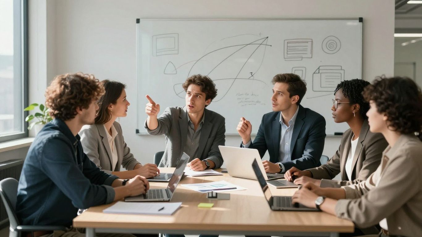 Team discussing sales commission structure in a modern office.