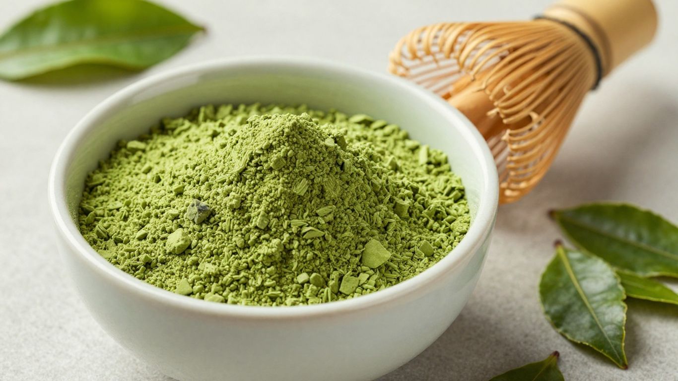Vibrant green matcha powder in a bowl with a whisk.
