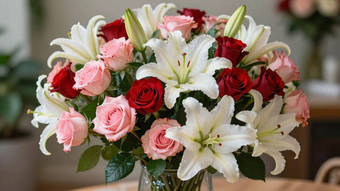 Anniversary flower bouquet with roses and lilies.