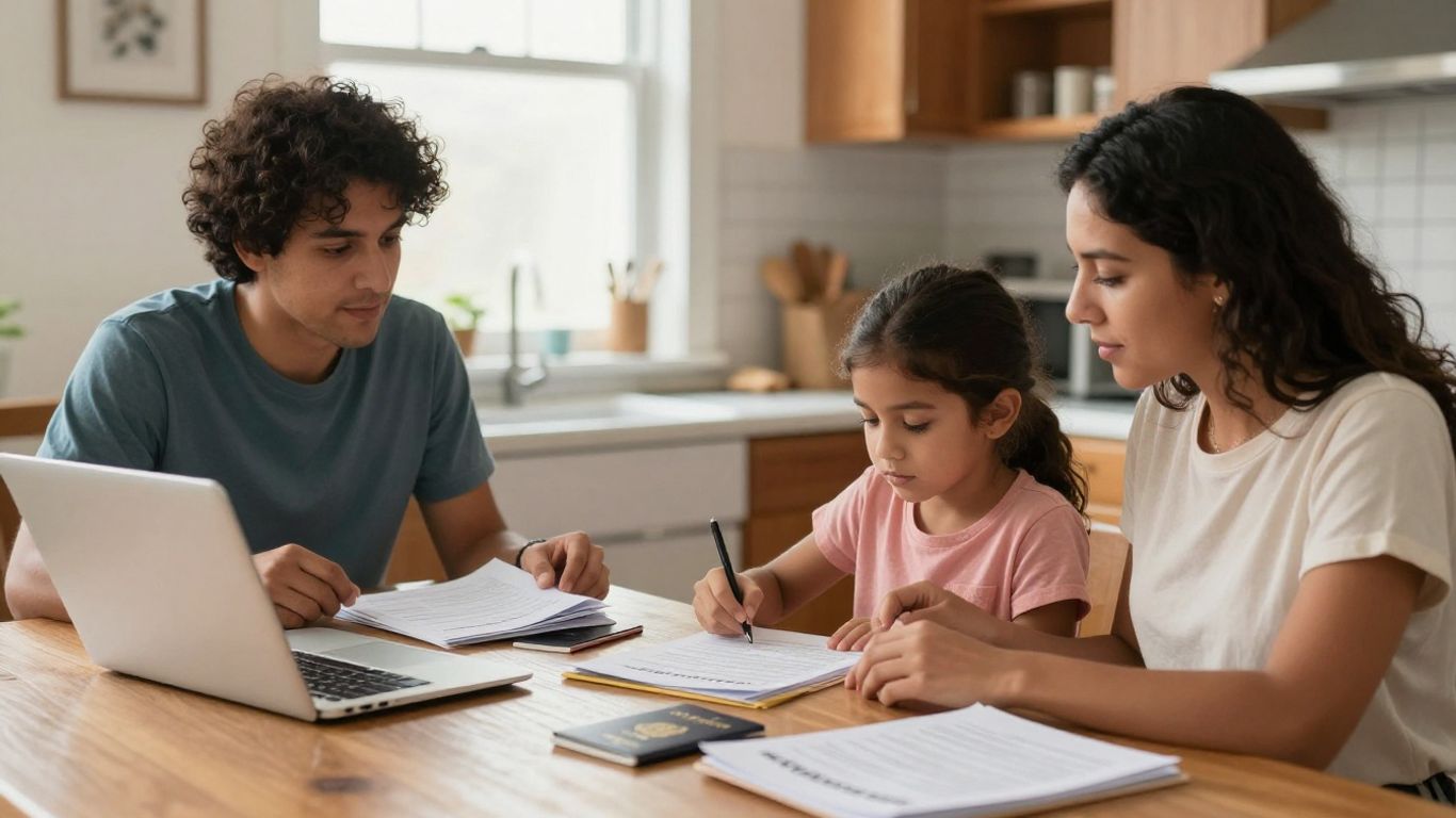 Familia revisando documentos migratorios importantes