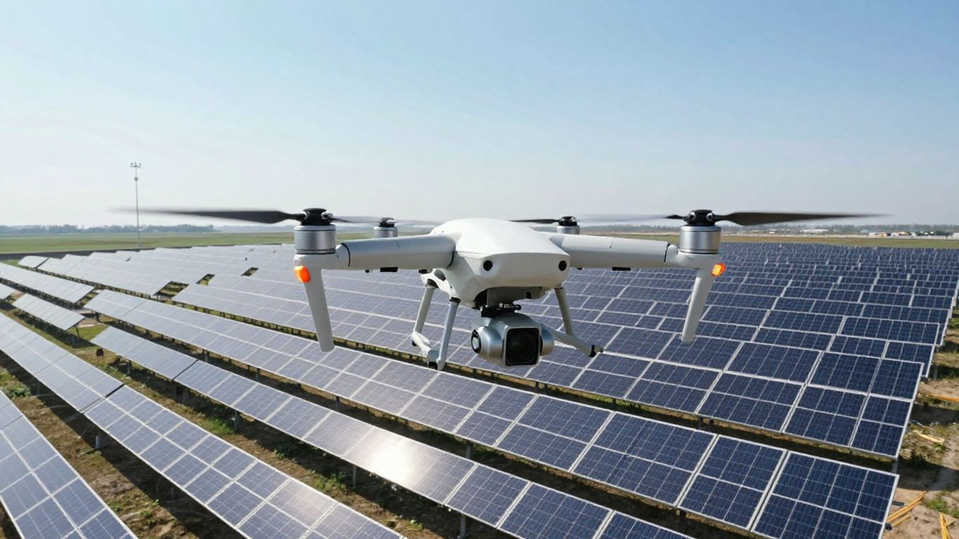 Drone surveying a large solar panel farm.