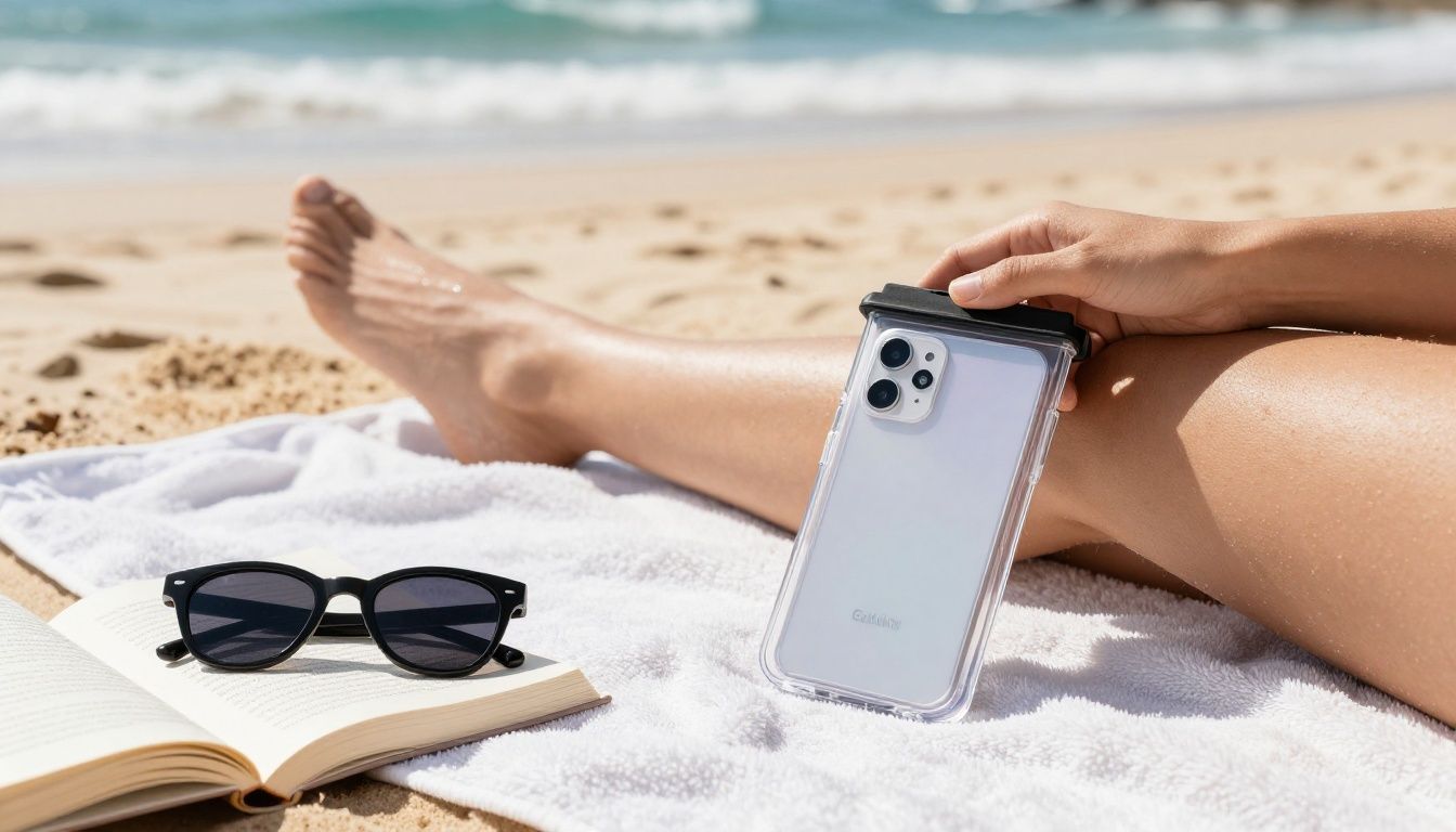 A person relaxing by a pristine Australian beach, their Galaxy S25 Edge in a clear waterproof case resting on a towel next to a book and sunglasses.