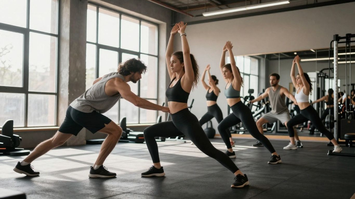 People exercising in a bright, modern gym.