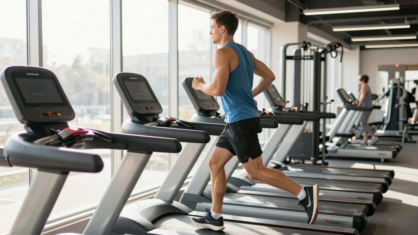 Person running on a treadmill in a gym.