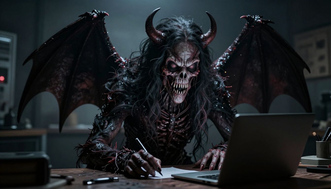 Um monstro grotesco das sombras observando de um corredor escuro