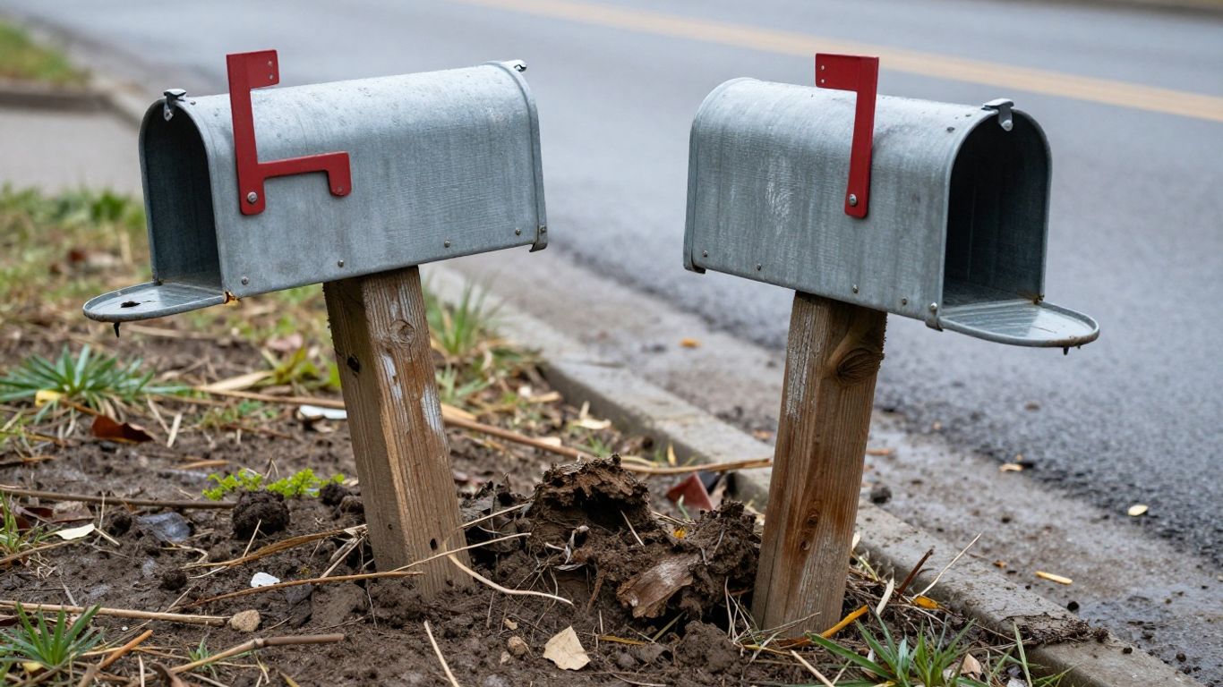 Leaning mailbox post after a storm