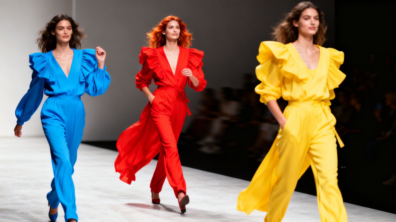 Models in bold, bright colors on a fashion runway.