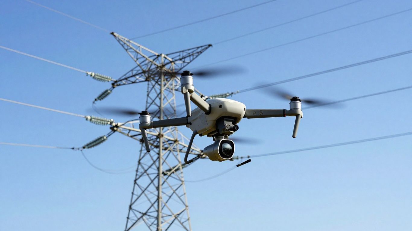 Drone inspecting high voltage power lines