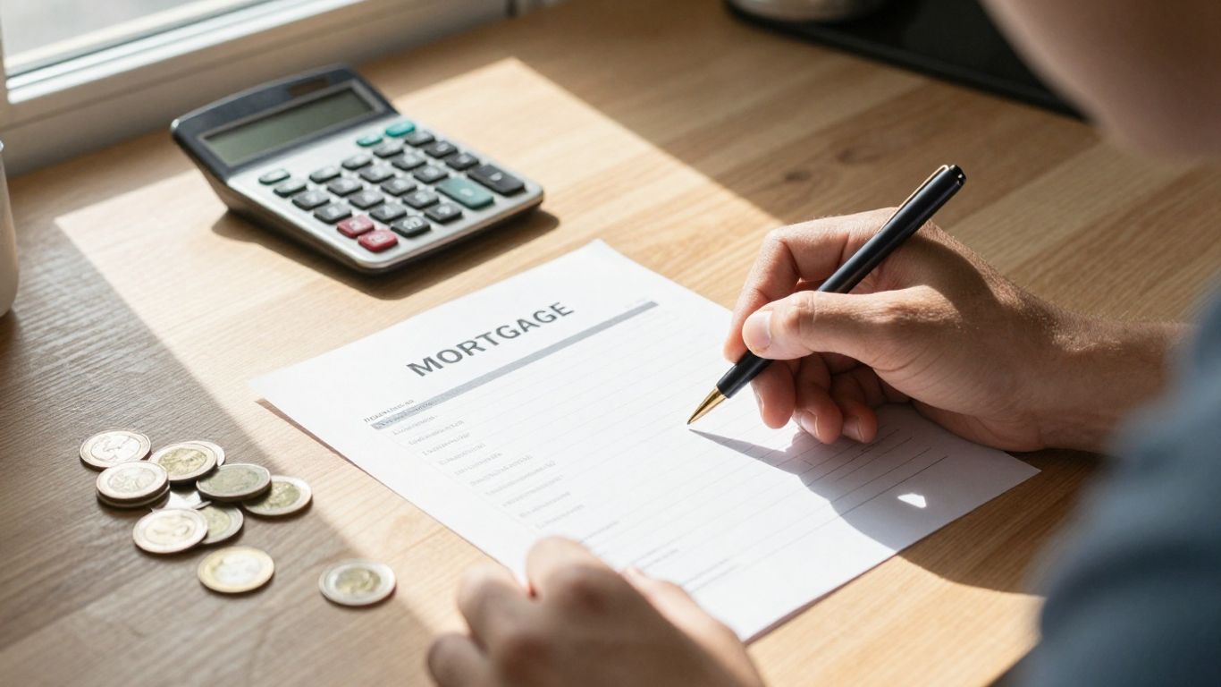 Homeowner reviewing mortgage statement with calculator and coins.