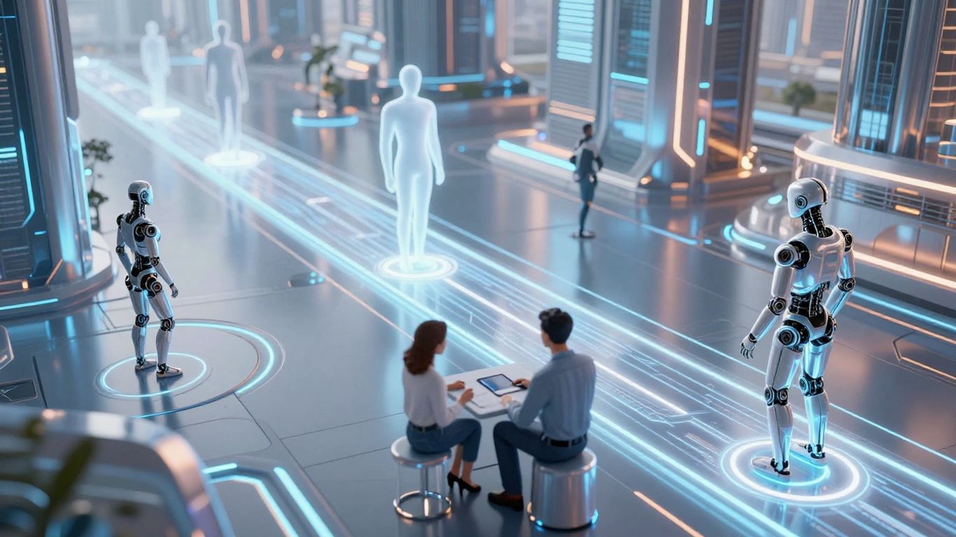 Robots and humans interacting in a futuristic digital space.