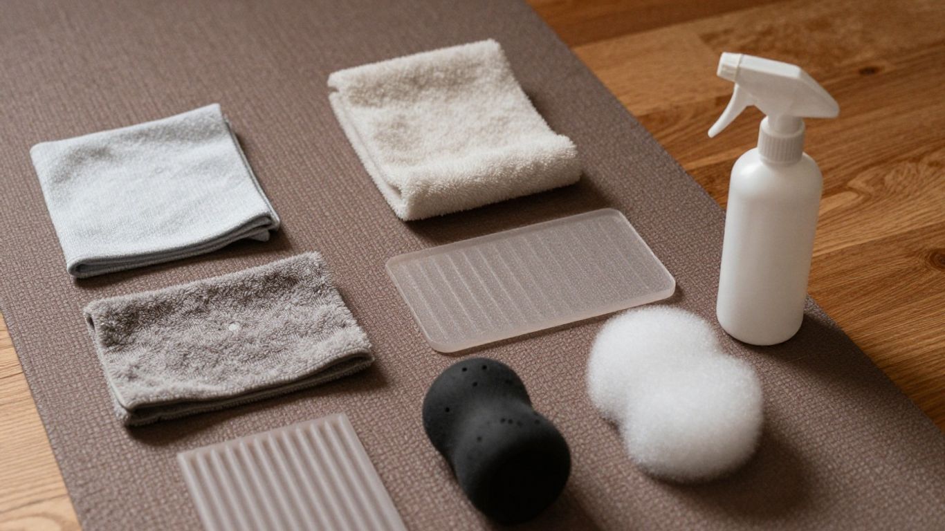 Close view of textured yoga mat materials and cleaning cloth