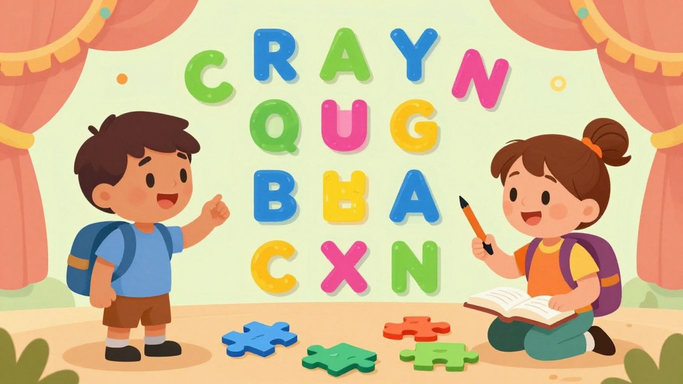 Fun English learning game with floating letters and puzzle pieces.