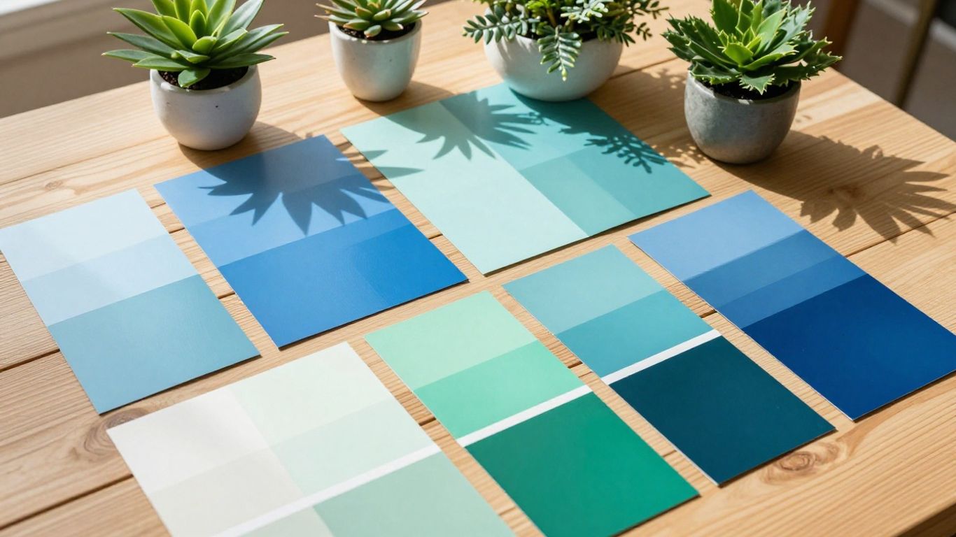 Paint swatches in various colors on a wooden deck.