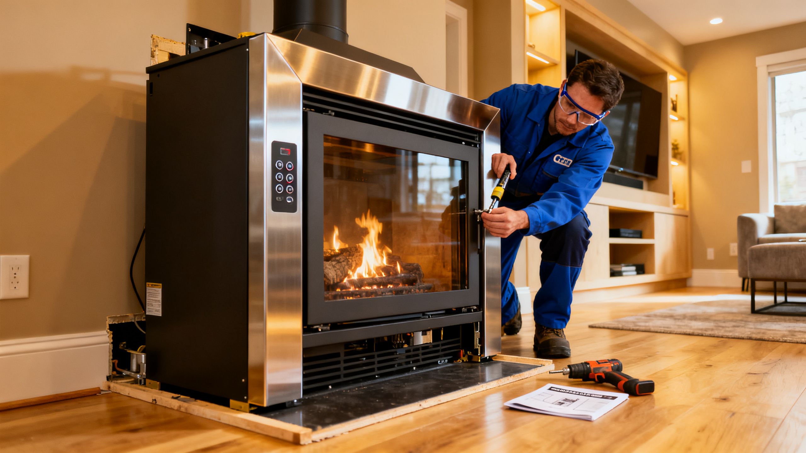 Technician installing a modern gas fireplace in a GTA home