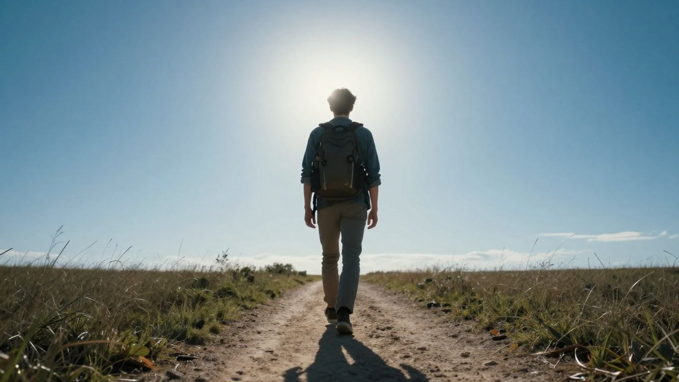 Person walking on a path towards a bright light.