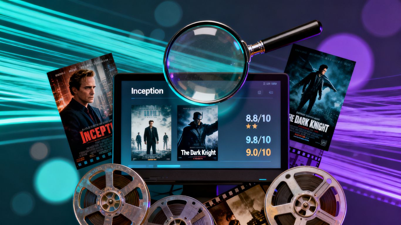 Digital movie posters and film reels with magnifying glass.