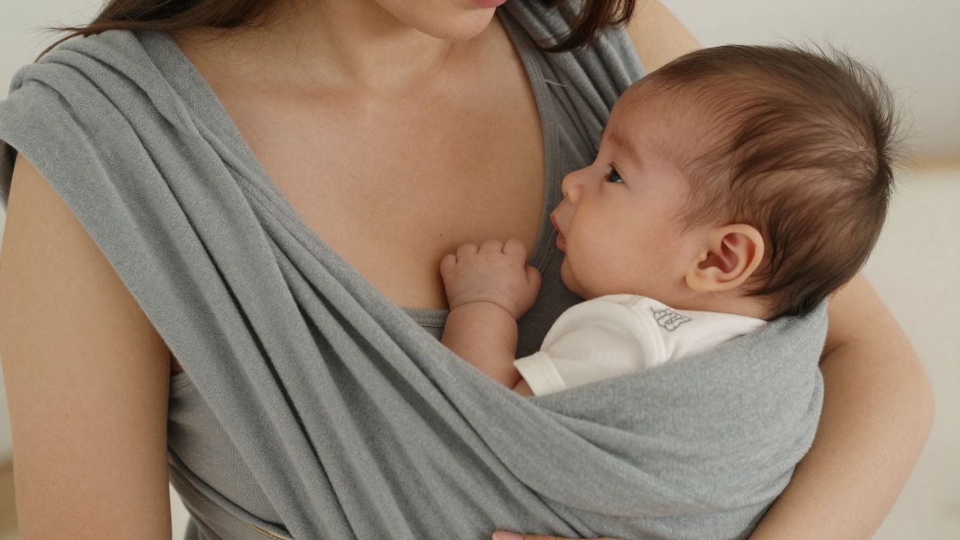 Madre amamantando bebé en posición de portabebés.