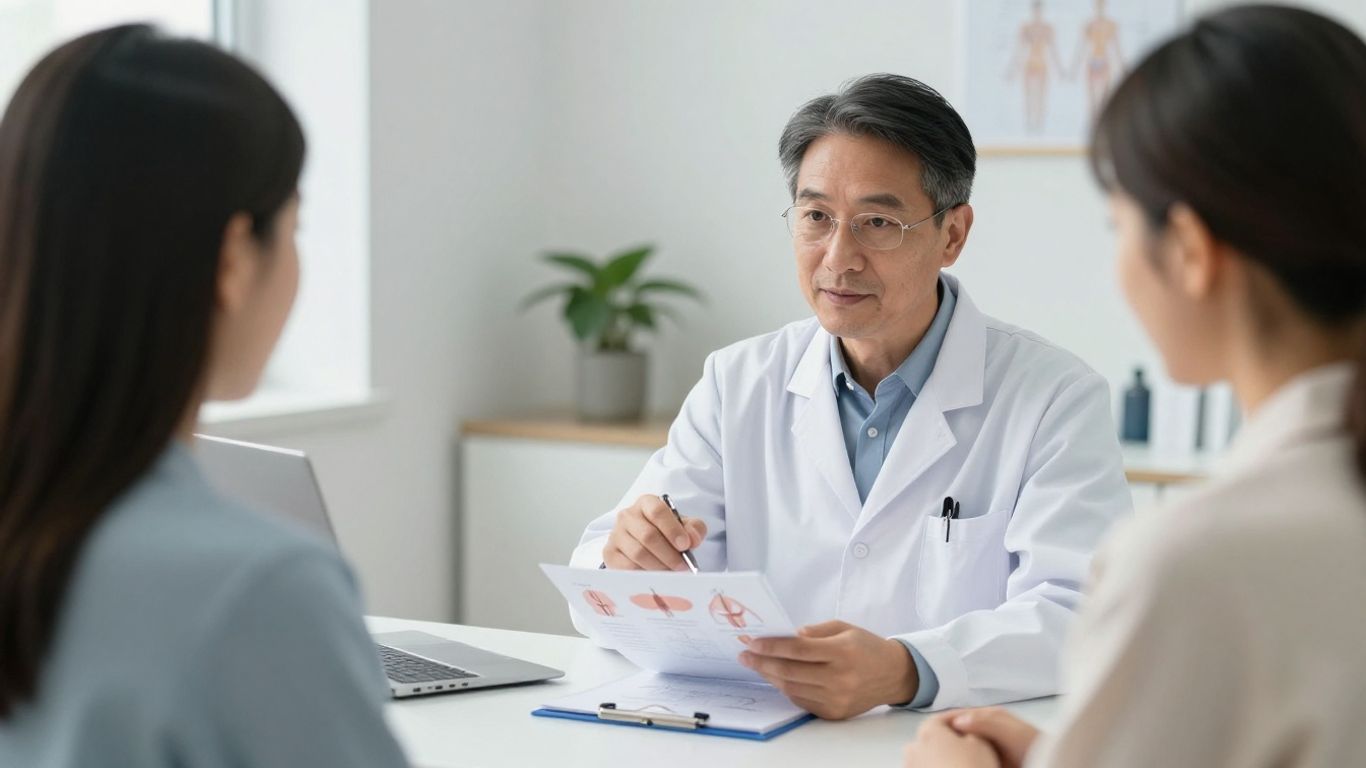 Médico explicando cirurgia íntima para paciente em consultório.