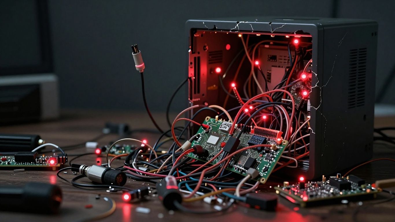 Tangled wires and broken computer parts with red warning lights.