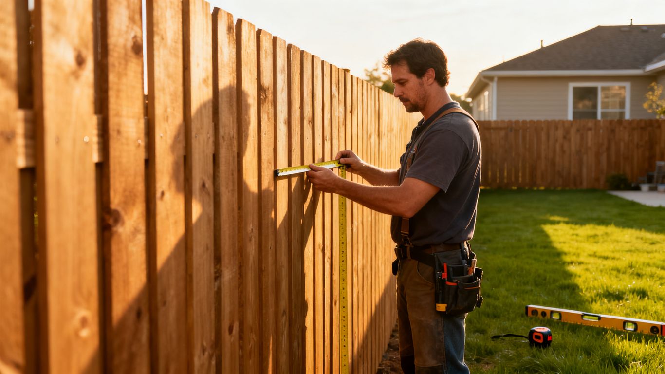 Fence contractor measuring a residential wood fence