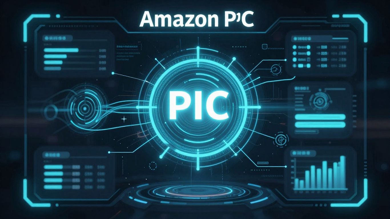 Amazon PPC automation concept with futuristic digital interface.