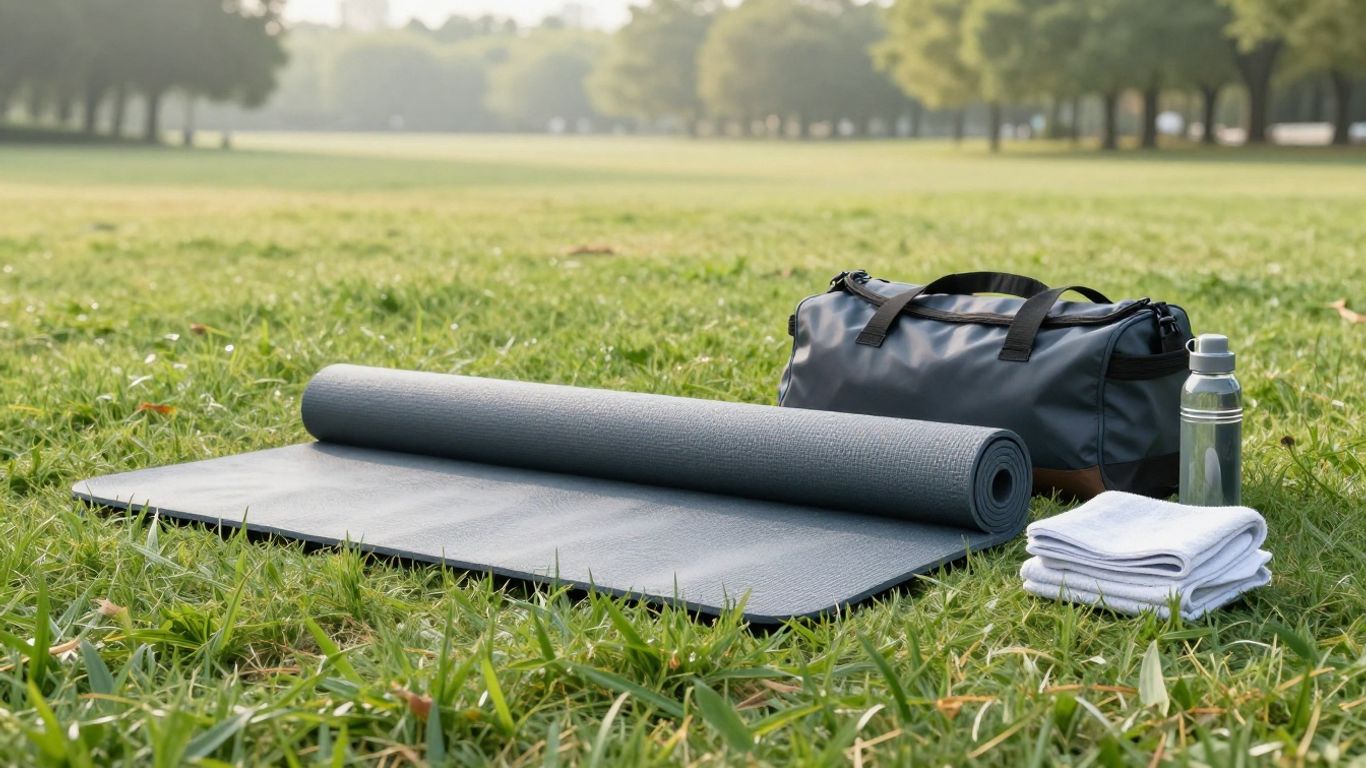 Foldable yoga mat beside a travel bag outdoors