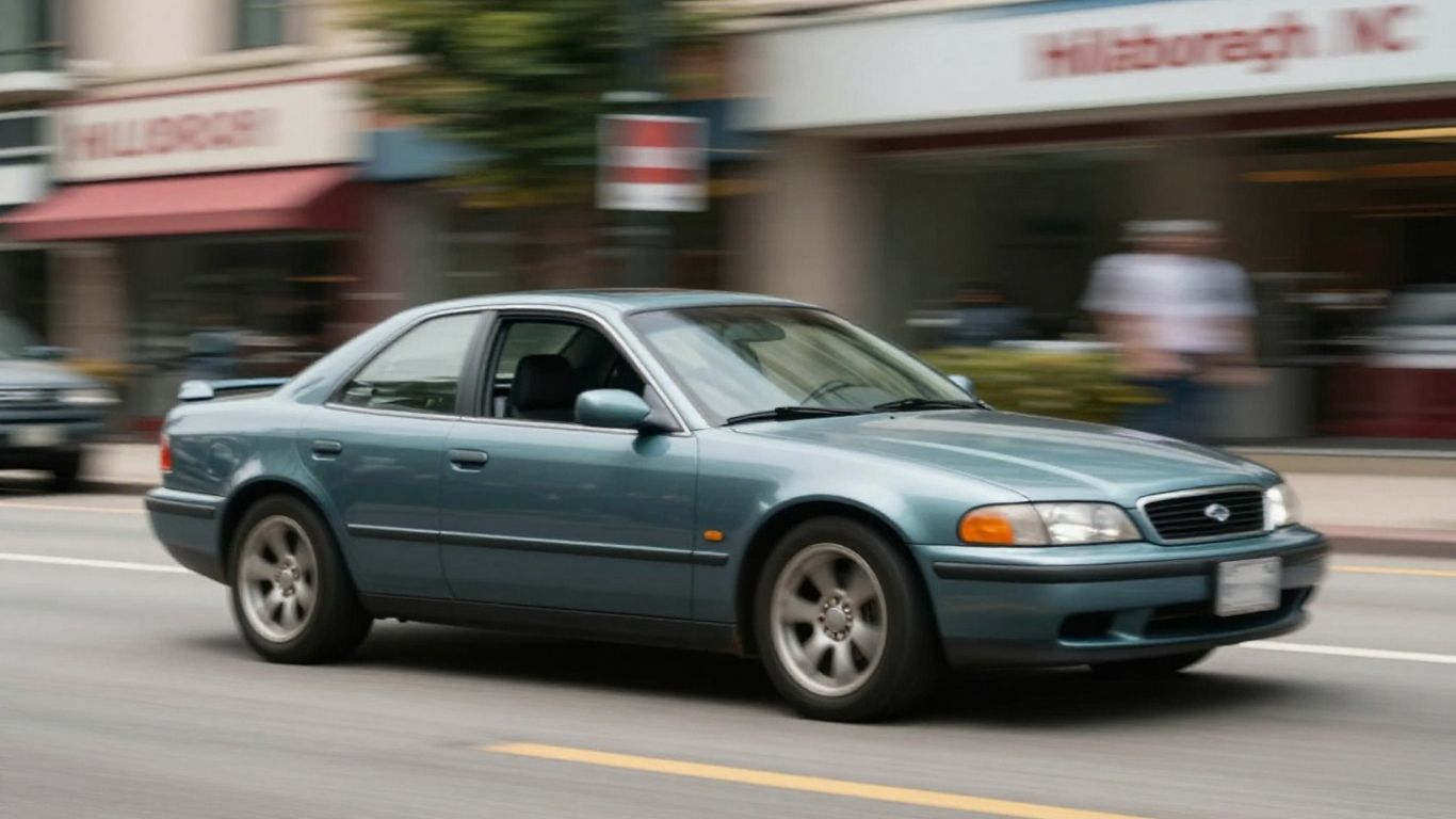 Car speeding on a road in Hillsborough, NC.