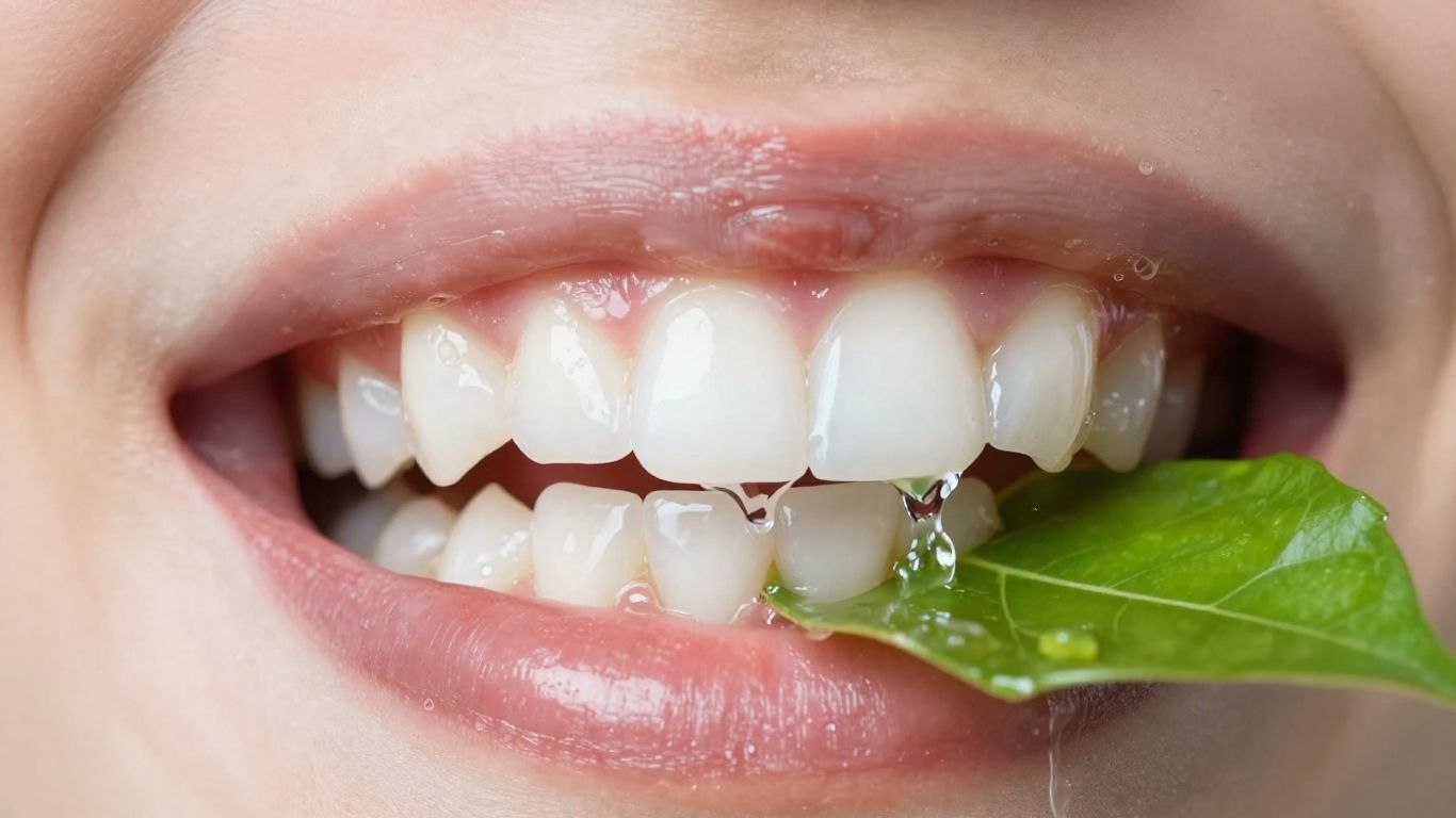 Healthy tooth with water and green leaf.