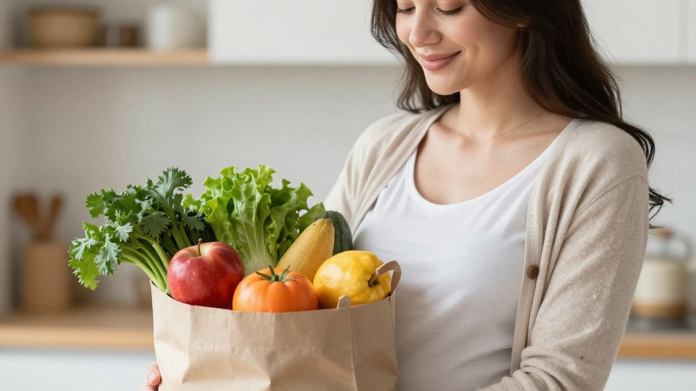 Pregnant woman with groceries, morning sickness remedies, fatigue relief.