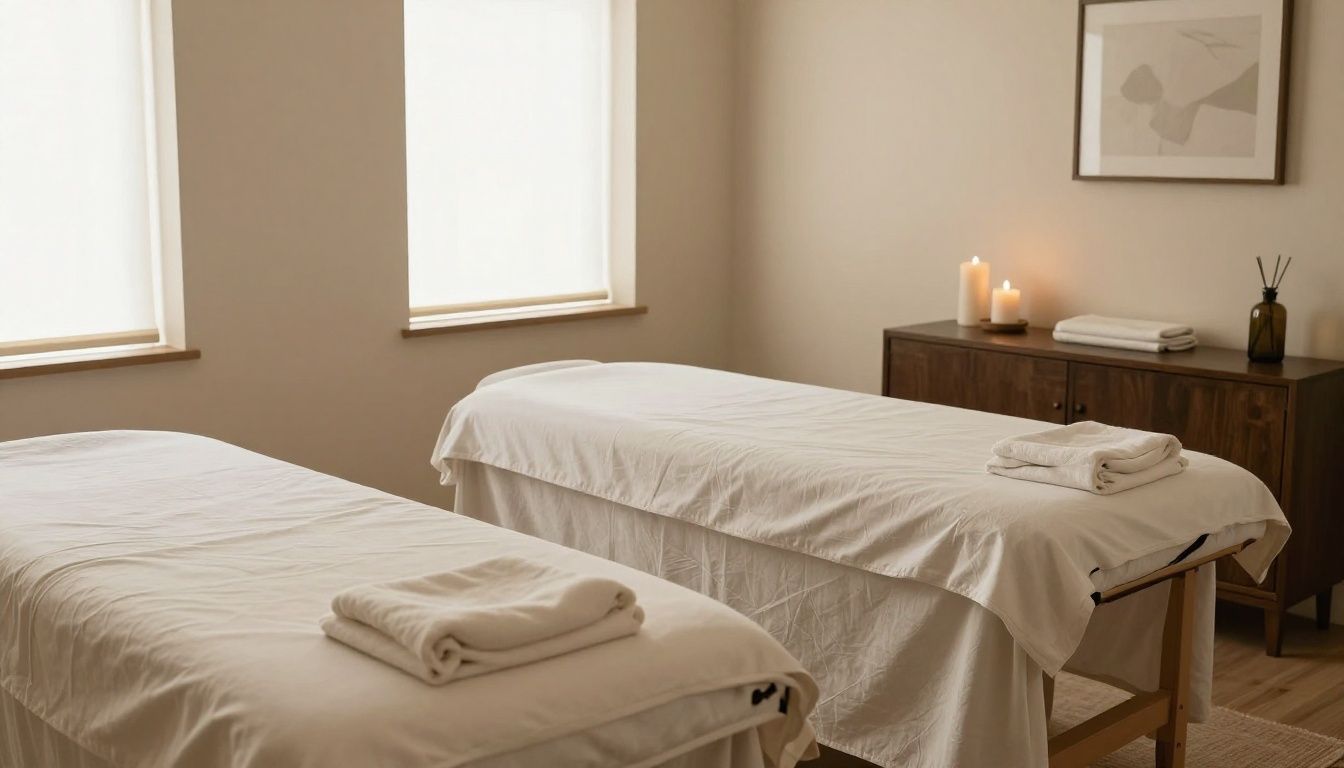 Photorealistic private massage studio in Palatine, Illinois, with a neatly prepared massage table, warm natural light, soft neutral linens, peaceful decor, no people, no text, no logos, no AI aesthetic, and realistic gravity-respecting objects.