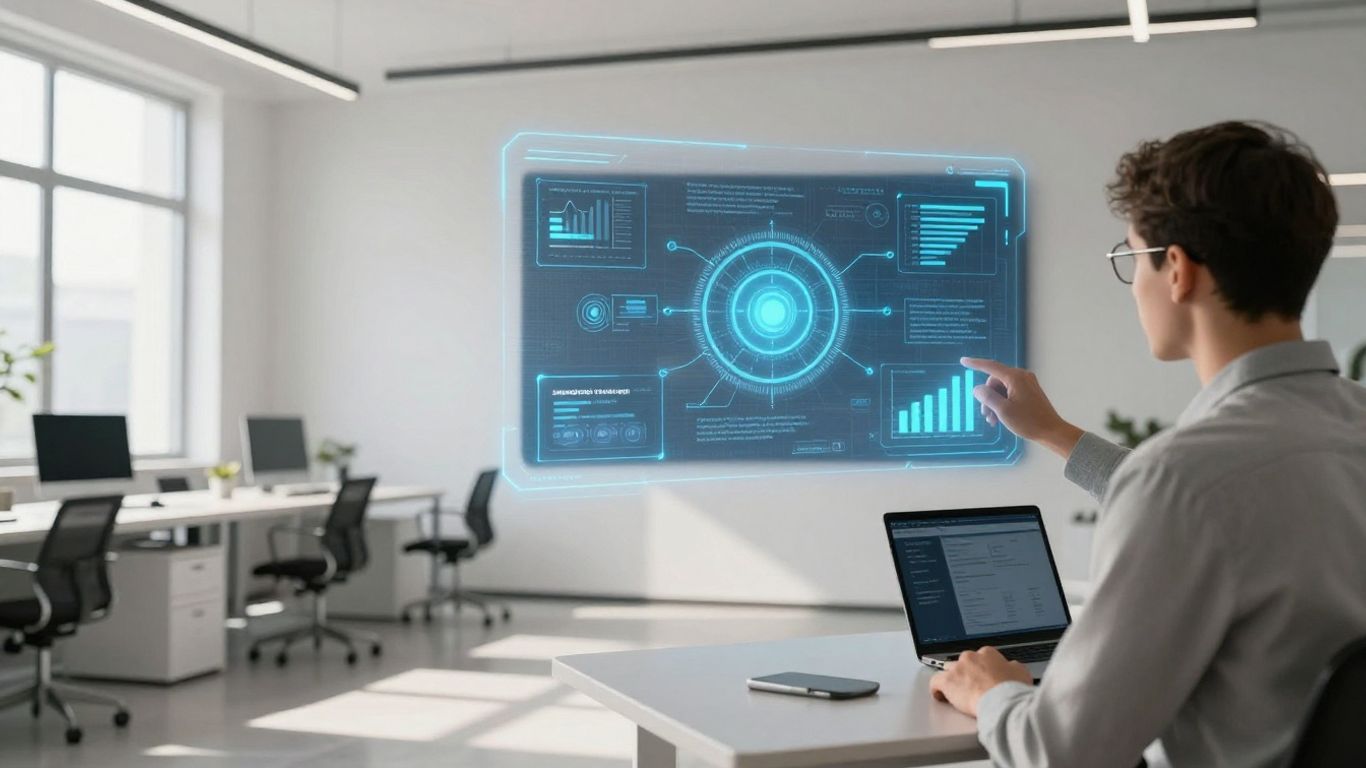 Person using AI marketing interface in modern office