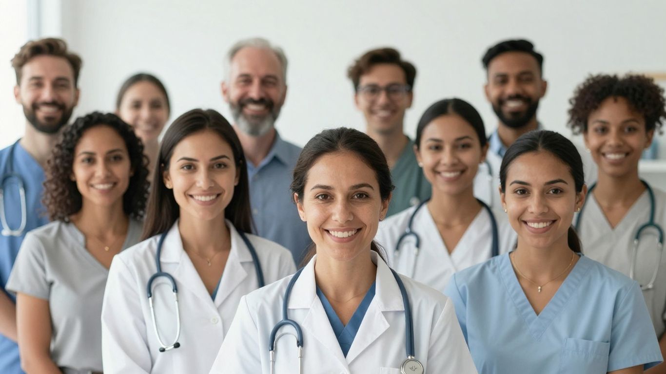 Diverse American people smiling in a modern dermatology clinic.