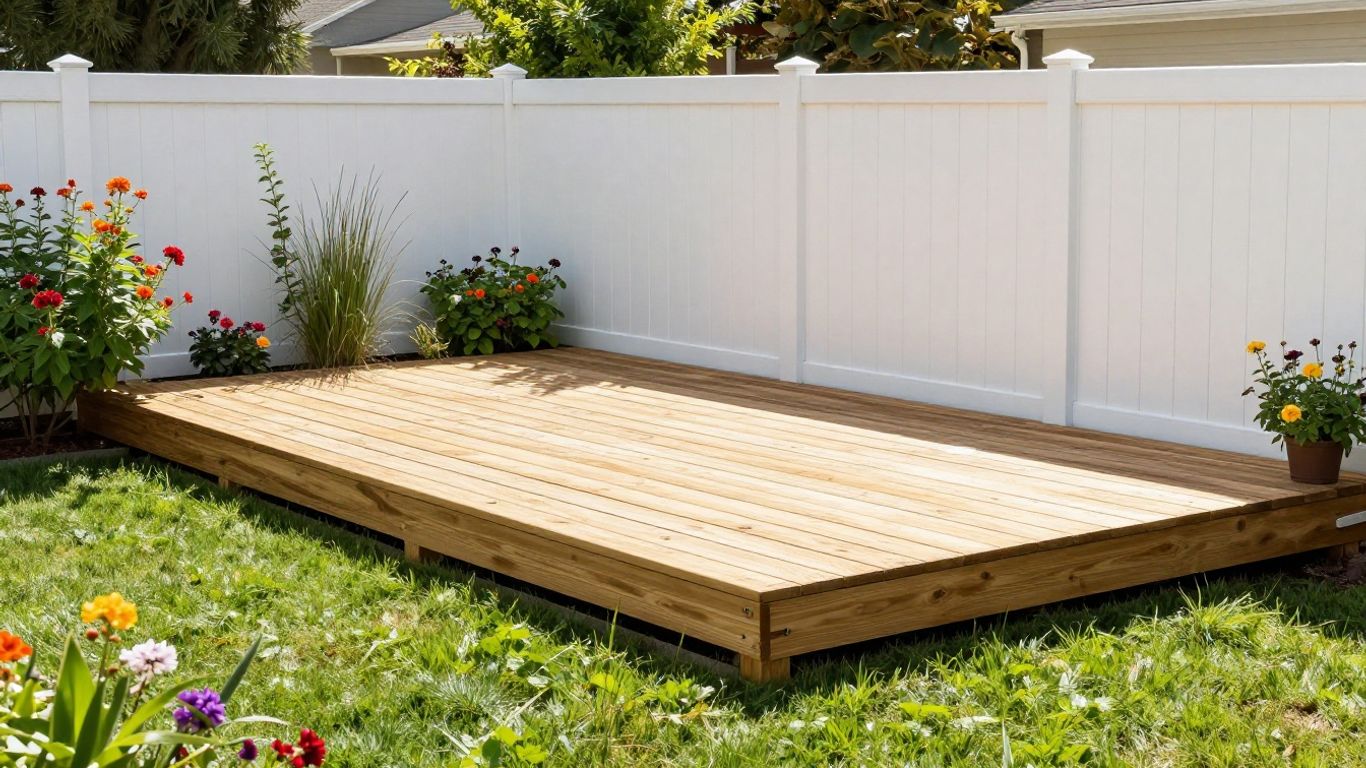 Deck and fence construction in a sunny backyard.