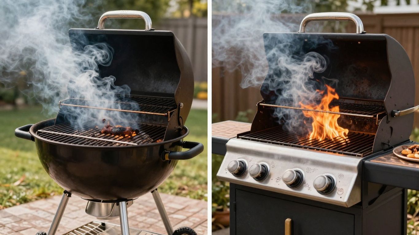 Smoker grill versus gas grill comparison outdoors.