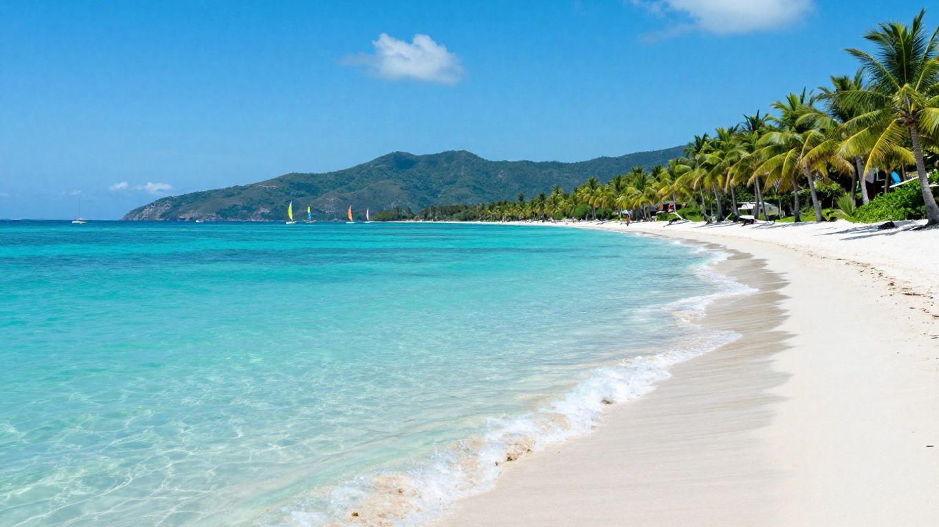 Plajă tropicală cu munți și veliere.