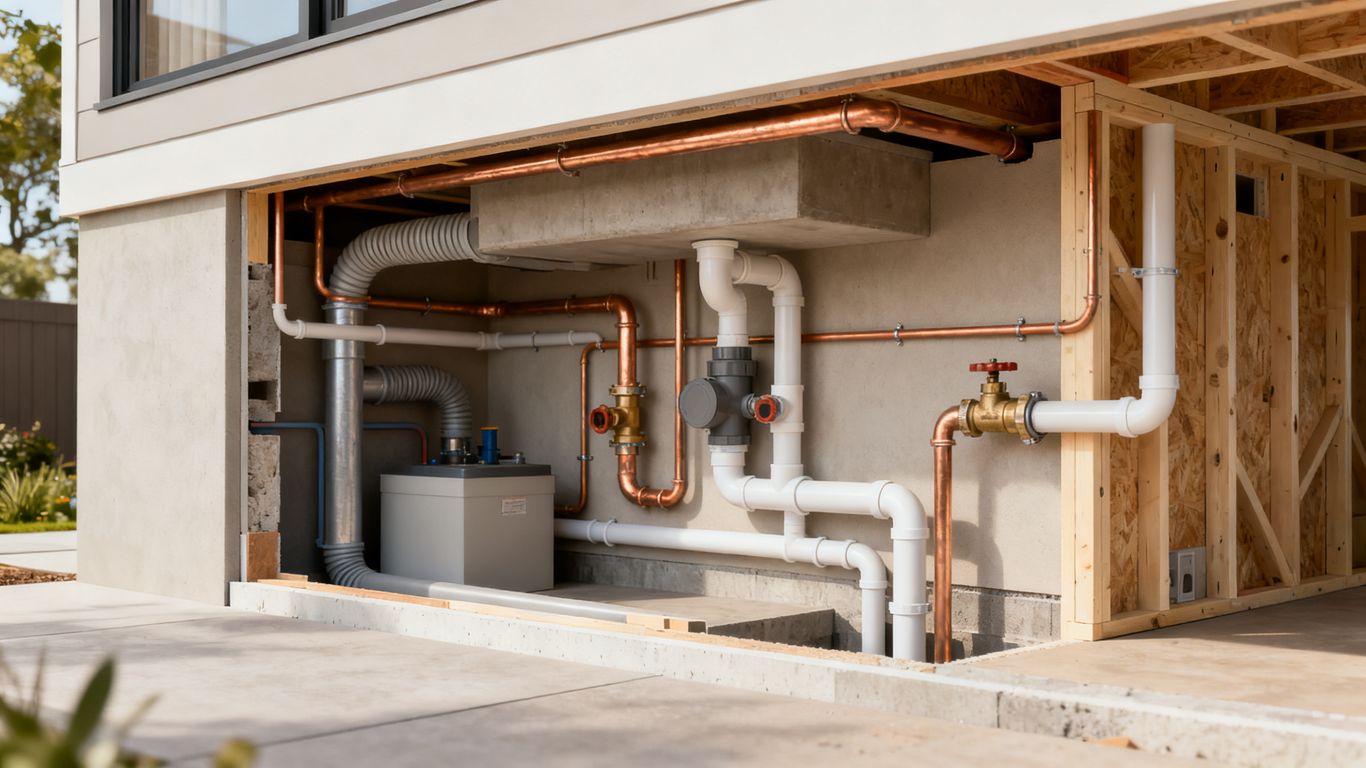 Copper and plastic plumbing pipes beneath a building