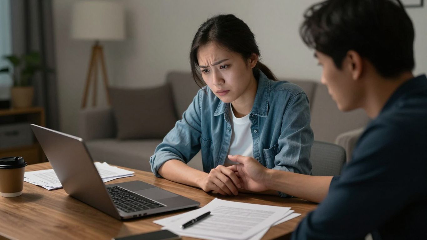 Couple working late, one partner comforting the other.