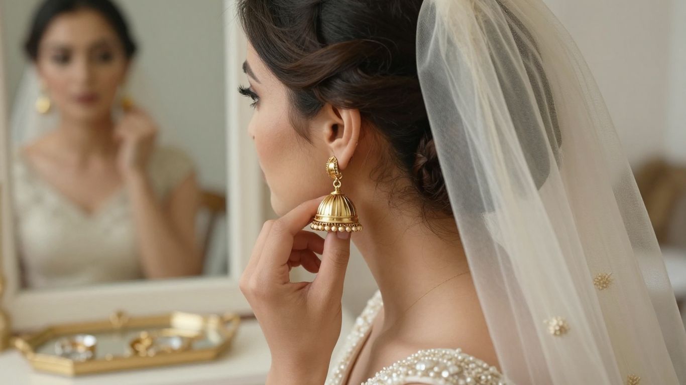 Bride trying different sizes of bell-shaped earrings