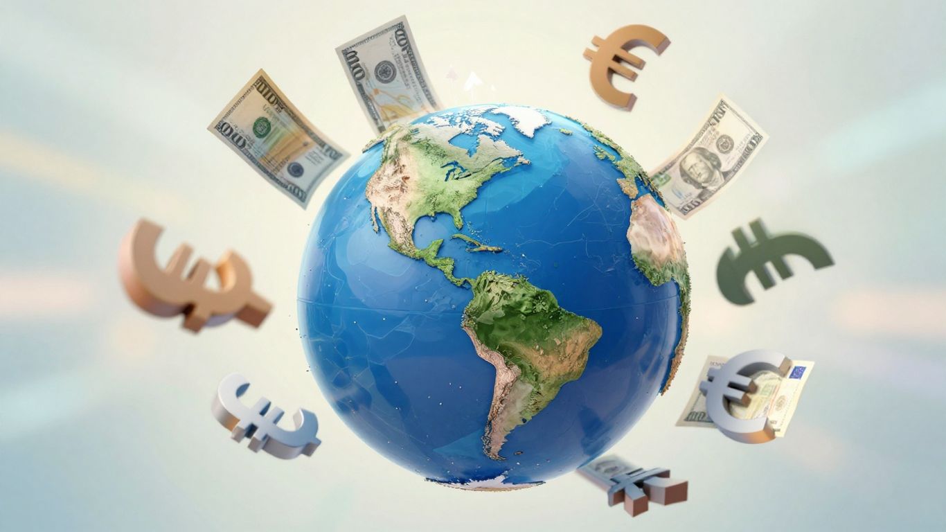 Global currency market with swirling money symbols.