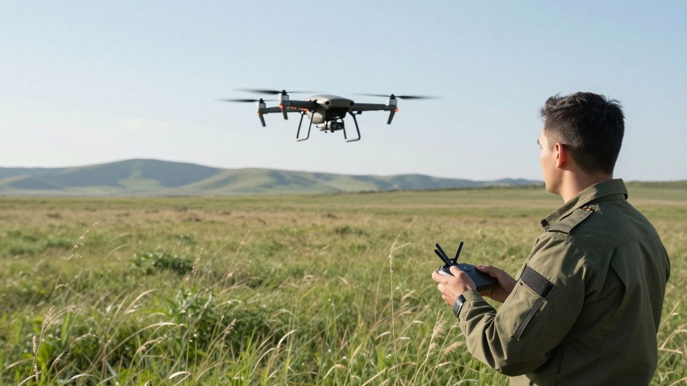 Drone pilot monitoring flight over open terrain